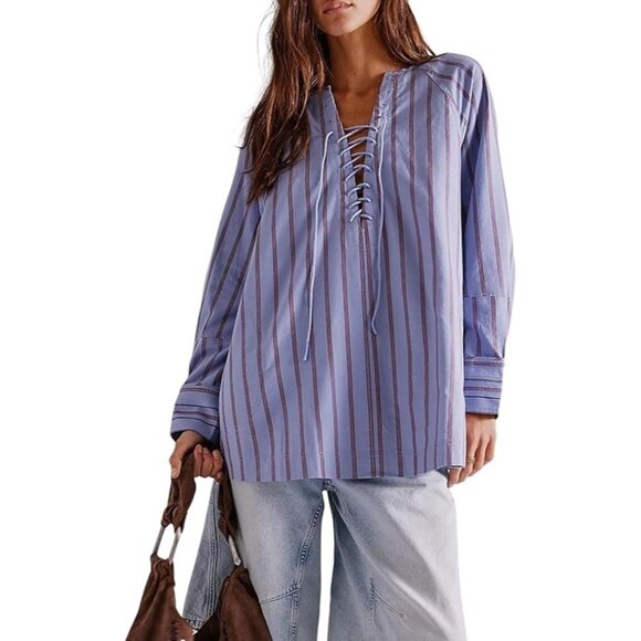 NEW WE THE FREE BY FREE PEOPLE LISBON STRIPED LACE UP TUNIC BLUE SMALL - Picture 1 of 10